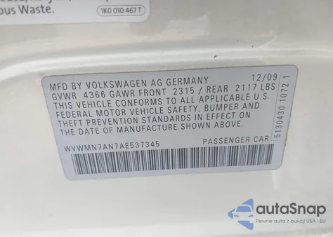 2010 Volkswagen Cc Sport from USA, damaged, VIN WVWMN7AN7AE537345